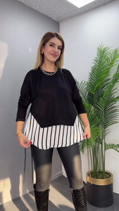 Blusa irregular às riscas com patchwork de manga comprida