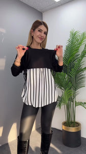 Blusa irregular às riscas com patchwork de manga comprida