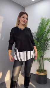 Blusa irregular às riscas com patchwork de manga comprida